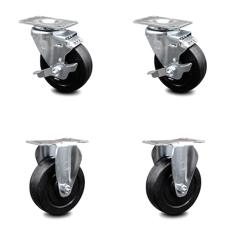 4 Inch Soft Rubber Swivel Top Plate Caster Set With 2 Brakes 2 Rigid SCC